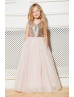 Champagne Gold Sequin Blush Pink Tulle Floor Length Flower Girl Dress
